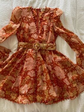 Zimmermann Red and Gold Floral Silk Dress